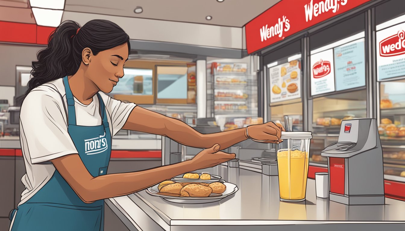 A person at a Wendy's counter points to their breakfast order, making a "no butter" gesture with their hands