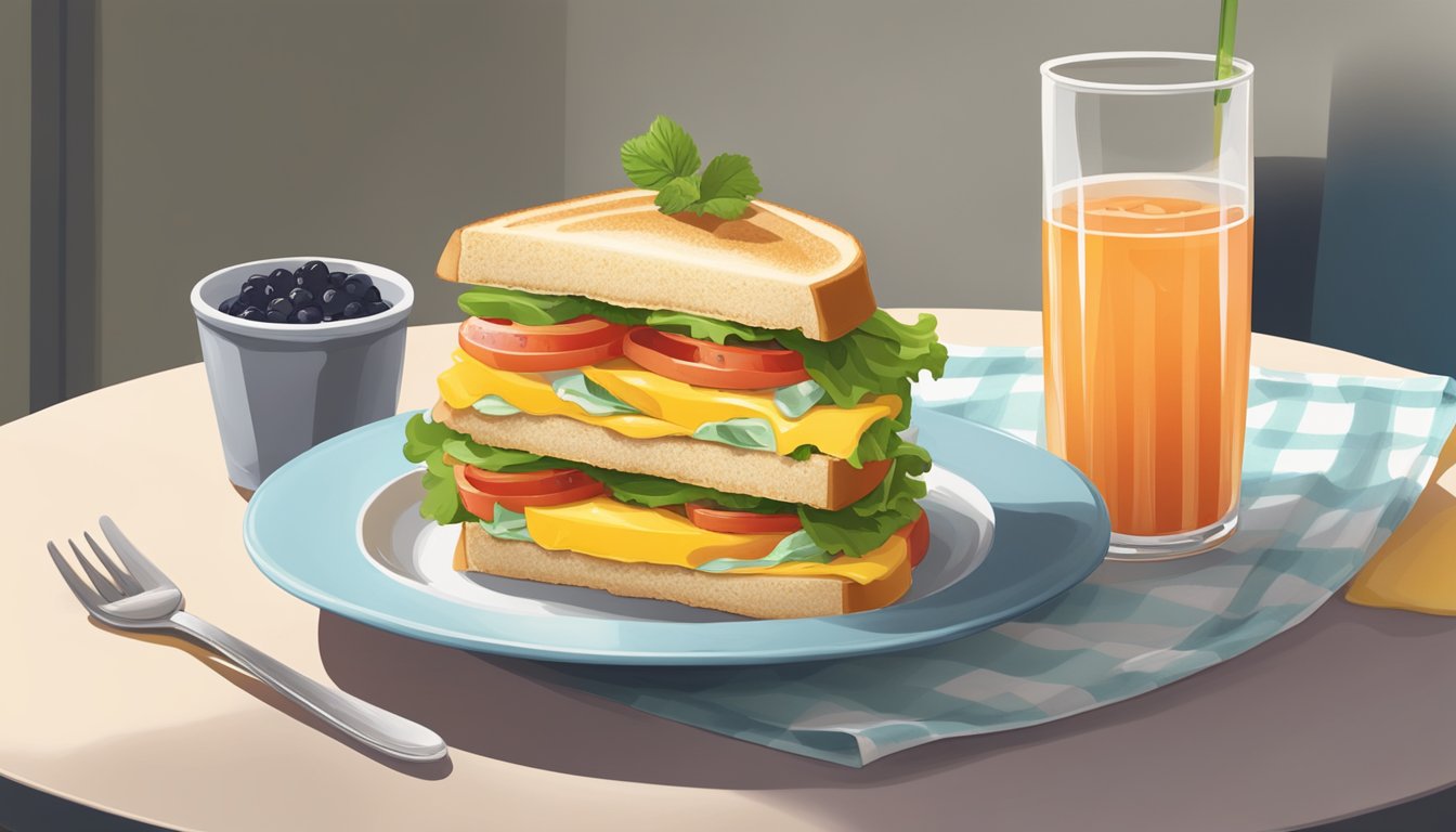 A breakfast sandwich sits on a plate with a side of salsa instead of ketchup, surrounded by fresh fruit and a glass of water