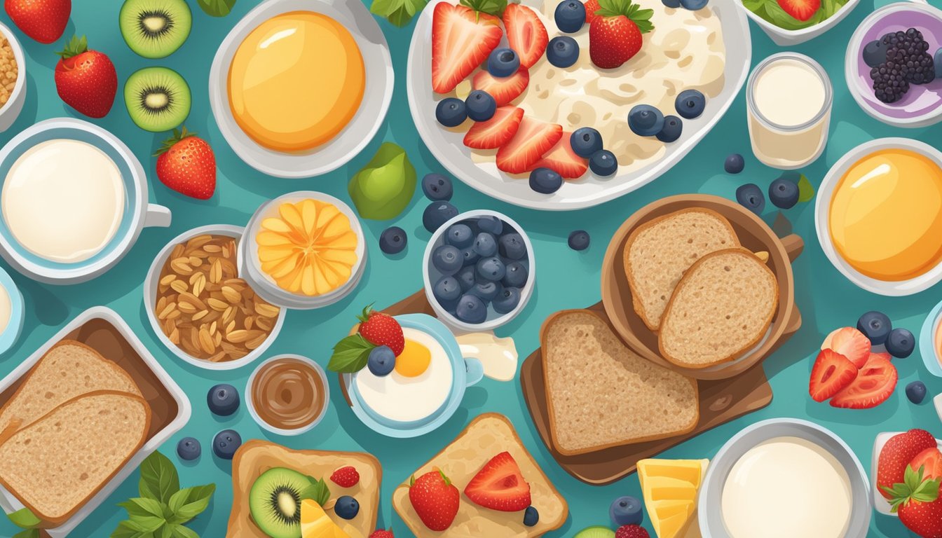 A table set with a variety of healthy breakfast options such as oatmeal, fruit, yogurt, and whole grain toast, with vibrant colors and fresh ingredients