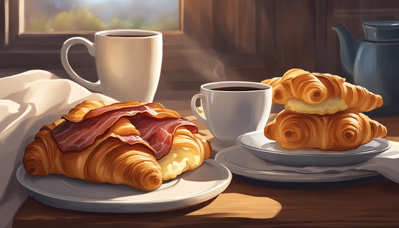 A flaky croissant topped with maple-glazed bacon sits next to a steaming cup of coffee on a rustic wooden table. Sunlight streams in through a nearby window, casting a warm glow over the breakfast spread