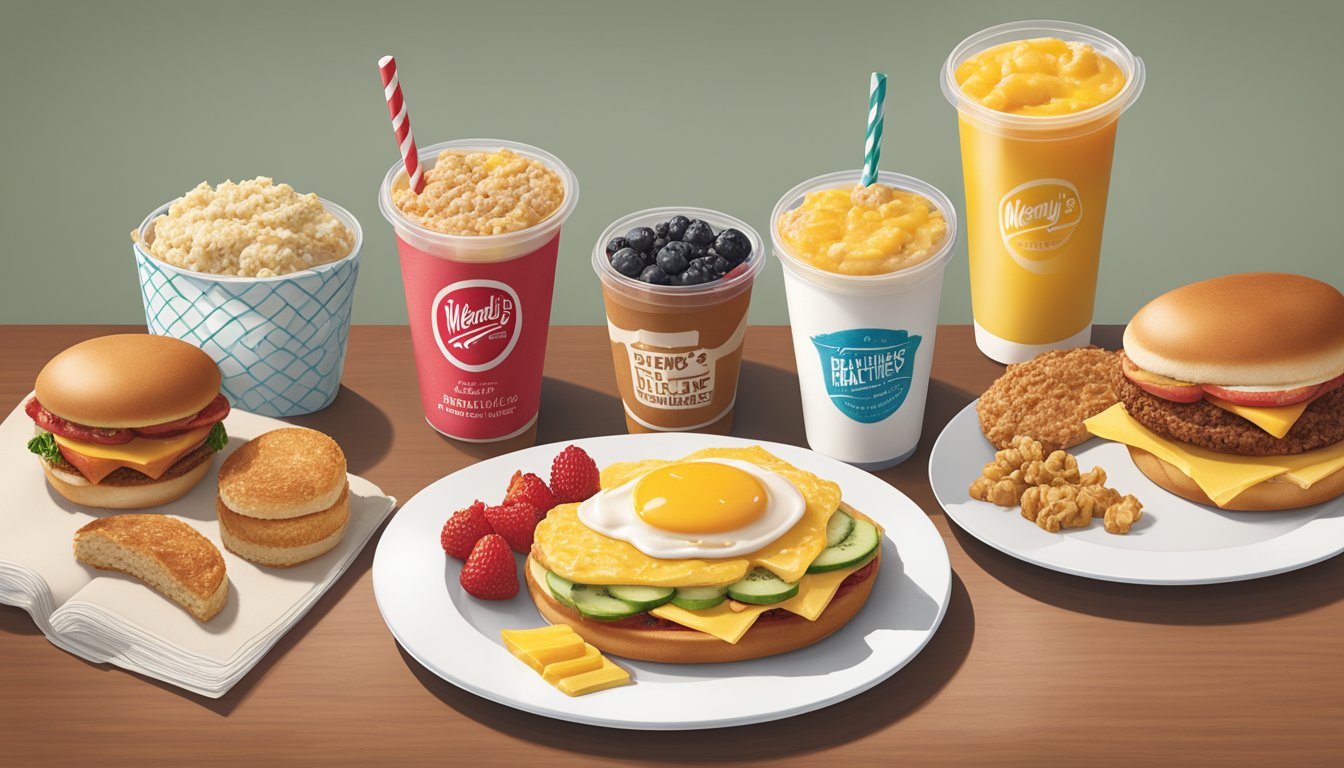 A spread of Wendy's breakfast items with healthier alternatives like fresh fruit and whole grain options displayed alongside the original menu items