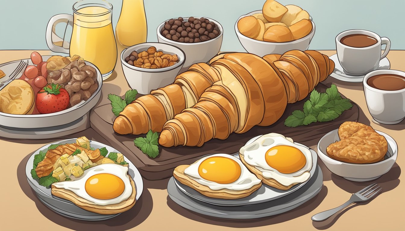 A flaky croissant filled with sausage, egg, and Swiss cheese, surrounded by a variety of breakfast items