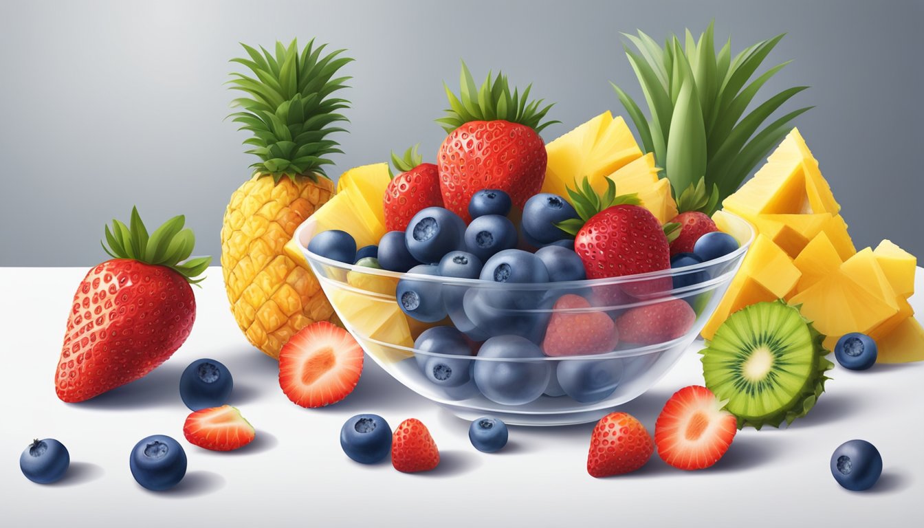 A colorful assortment of fresh fruit, including strawberries, blueberries, and pineapple, is arranged in a clear cup on a white plate