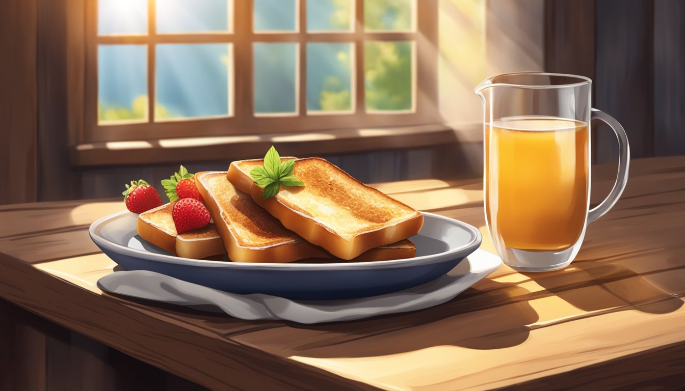 A plate of French toast sticks with syrup and a side of fresh fruit on a rustic wooden table. Sunlight streaming in through a window