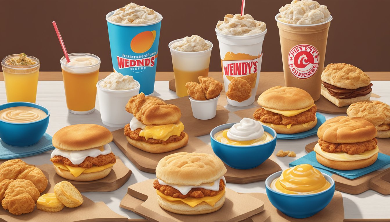 A frosty-ccino and honey butter chicken biscuit sit on a table surrounded by 14 different Wendy's breakfast pairings