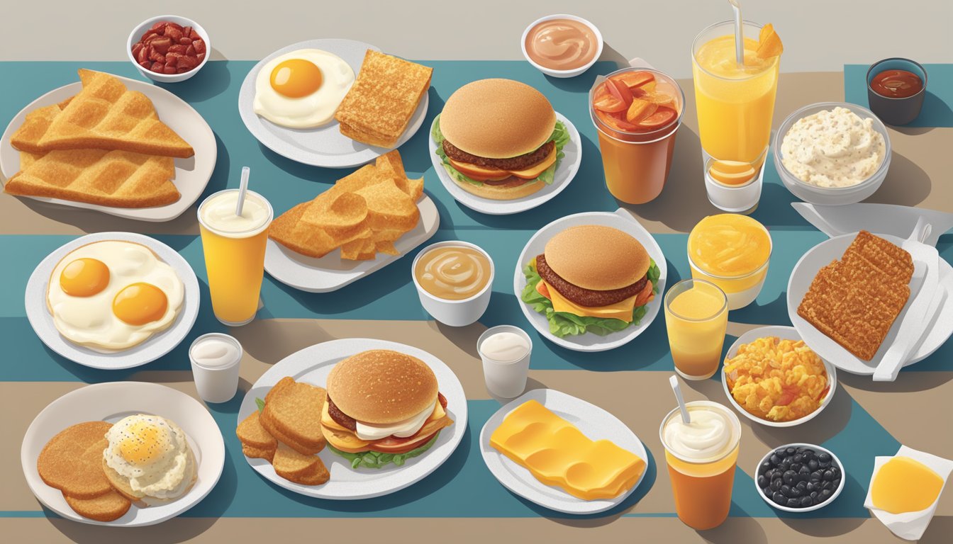 A table spread with 11 breakfast items from Wendy's, each item neatly arranged with their respective nutritional information displayed next to them