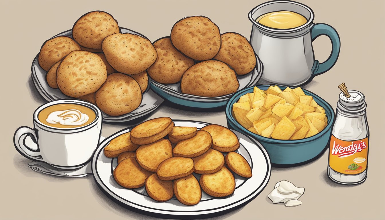 A plate of seasoned potatoes sits next to a honey butter biscuit, surrounded by 14 different Wendy's breakfast pairings