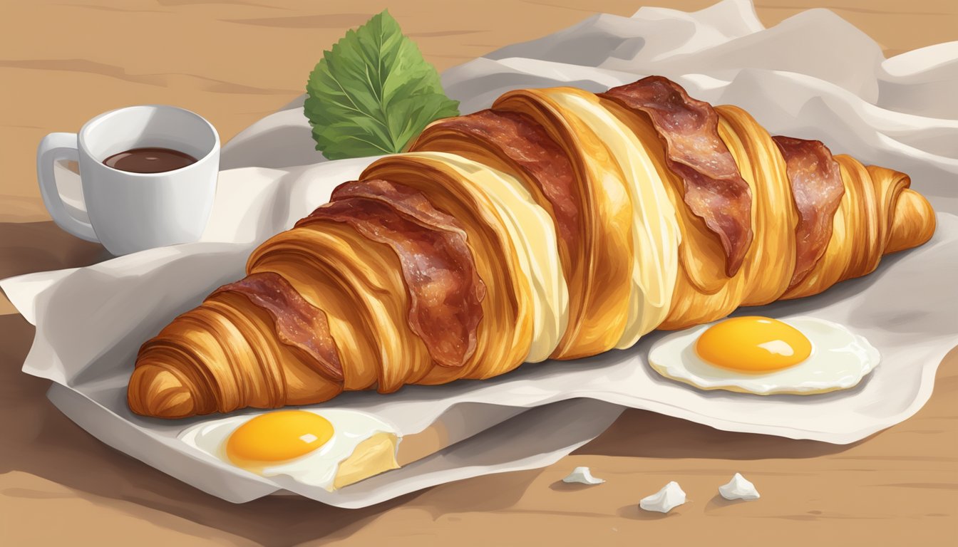 A golden croissant filled with sizzling bacon, a fluffy egg, and melted Swiss cheese, ready to be enjoyed on the go