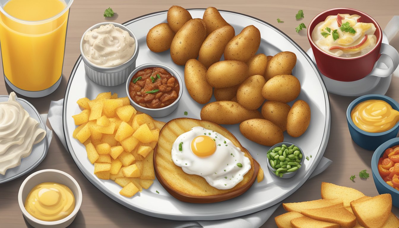 A plate of seasoned potatoes with various toppings next to a Wendy's breakfast spread