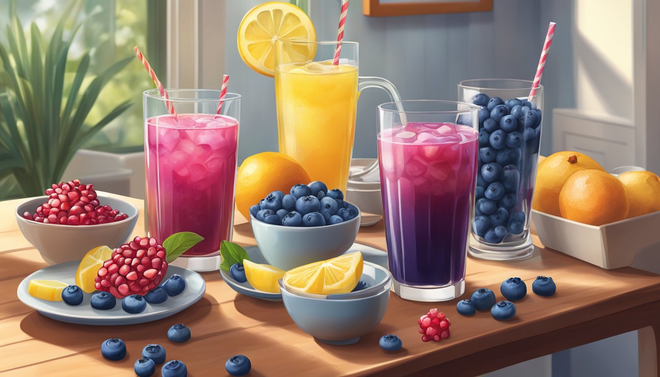 A glass of blueberry pomegranate lemonade sits on a table surrounded by a variety of breakfast items, creating a vibrant and inviting scene