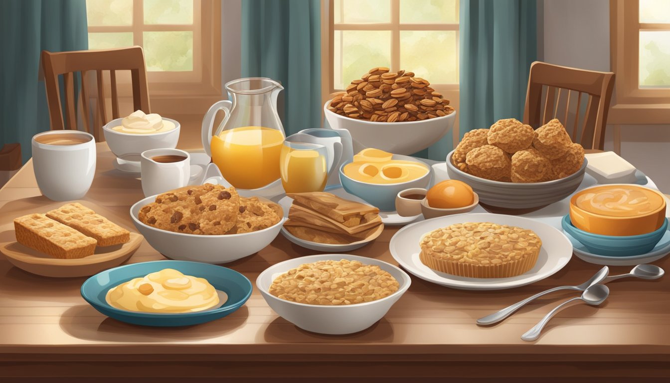 A table set with a variety of freshly baked oatmeal bars and other breakfast items, surrounded by a warm and inviting atmosphere