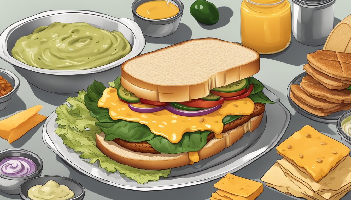 A delicious, steaming breakfast sandwich with jalapeño cheddar sauce oozing out, surrounded by a variety of fresh ingredients and condiments