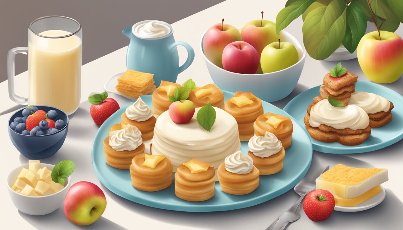 A plate of apple bites with cream cheese frosting surrounded by various breakfast items