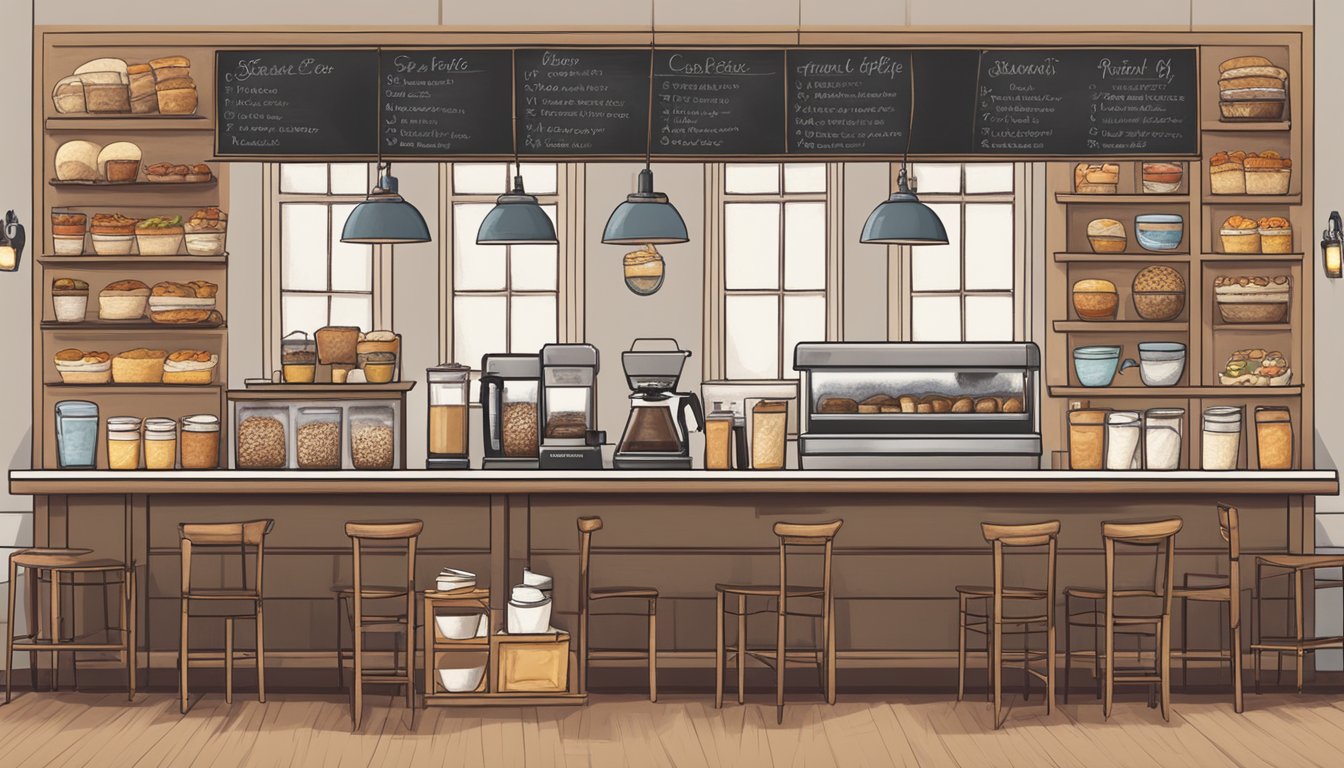 A cozy coffee shop with 14 breakfast options displayed on a chalkboard menu