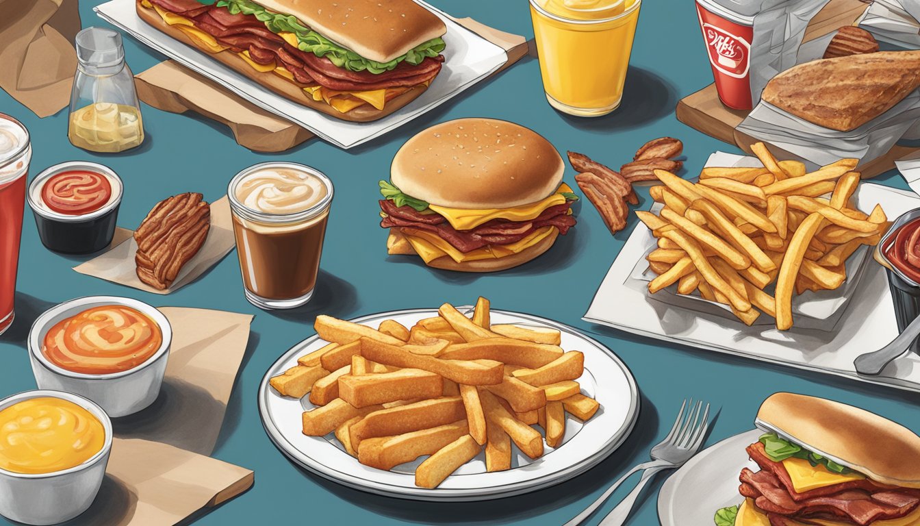 A table set with Baconator fries and a Morning Melt Panini, surrounded by various Wendy's breakfast pairings