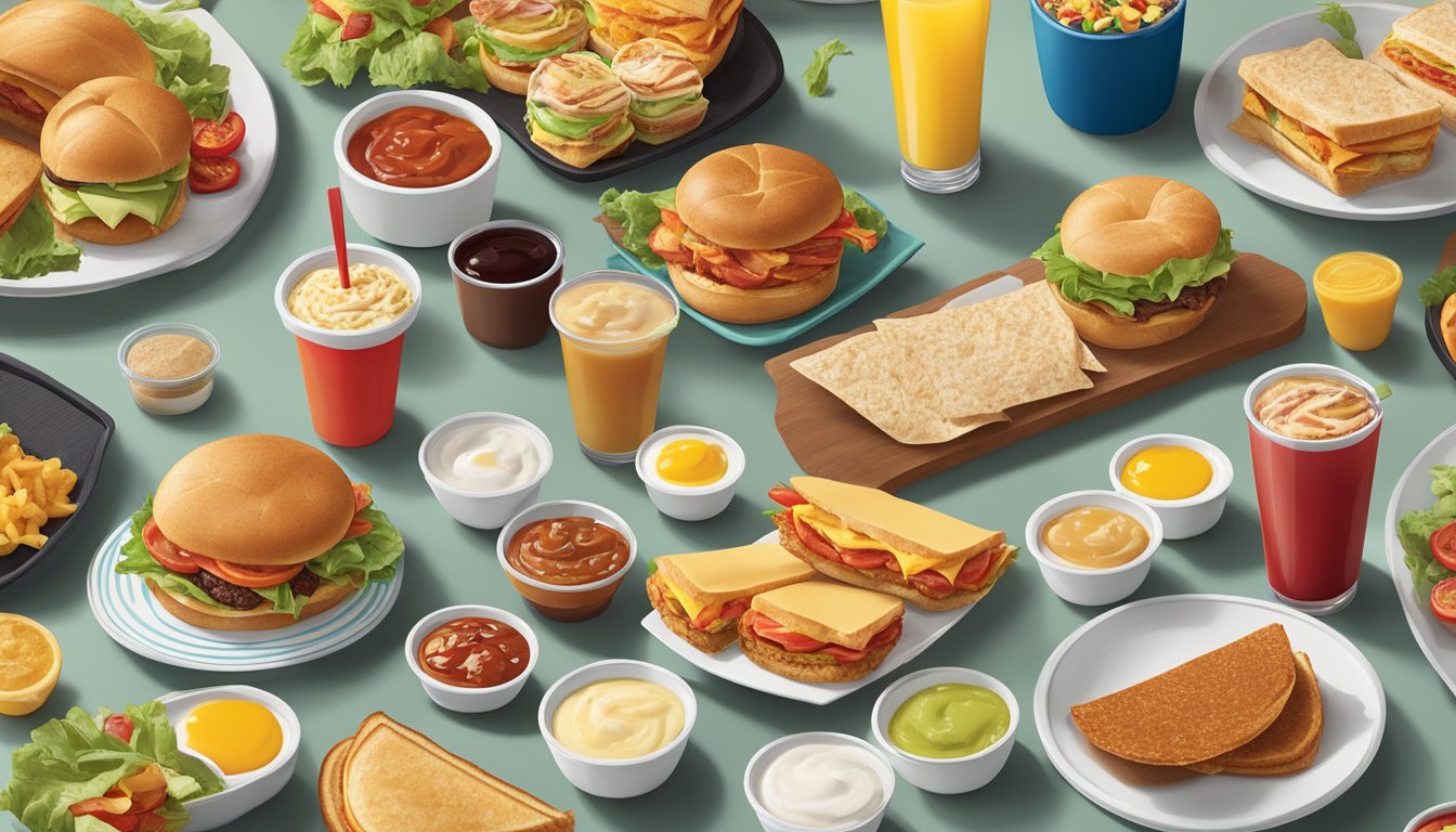 A table spread with 14 different Wendy's breakfast pairings, including sandwiches, wraps, and sides, arranged neatly with colorful garnishes and condiments