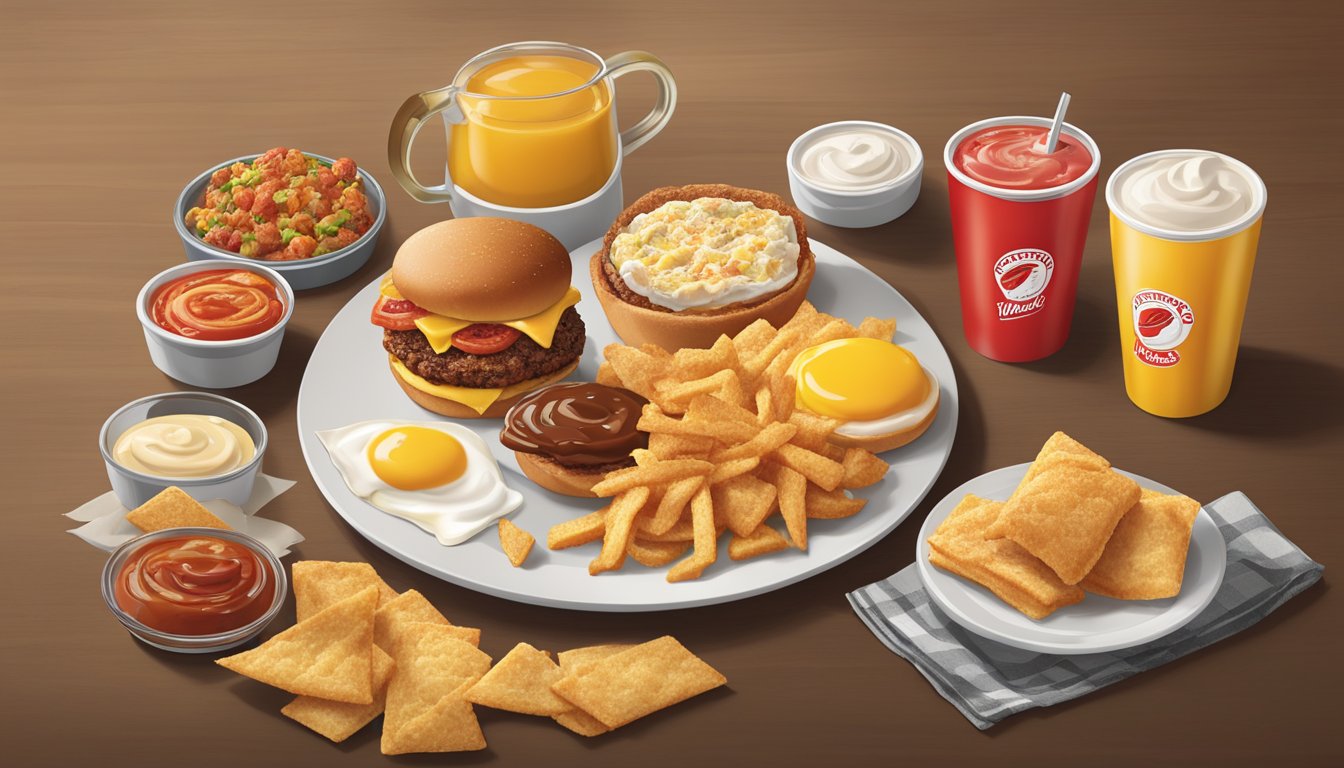 A table with 7 different Wendy's breakfast items arranged in an appealing and appetizing display, with various condiments and toppings nearby