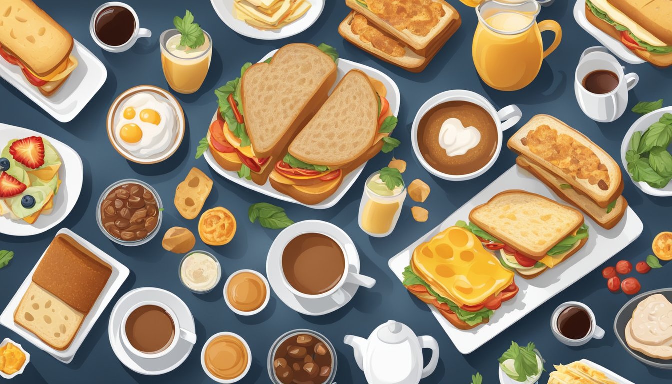 A table set with 14 different breakfast pairings, including sandwiches, coffee, and sides, with a variety of morning-themed backgrounds