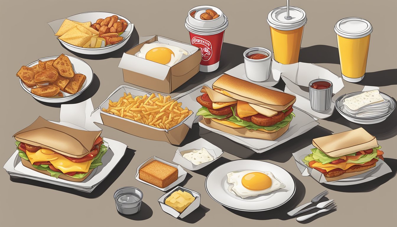 A table set with a variety of Wendy's breakfast items, including sandwiches, wraps, and sides, all packaged for on-the-go eating