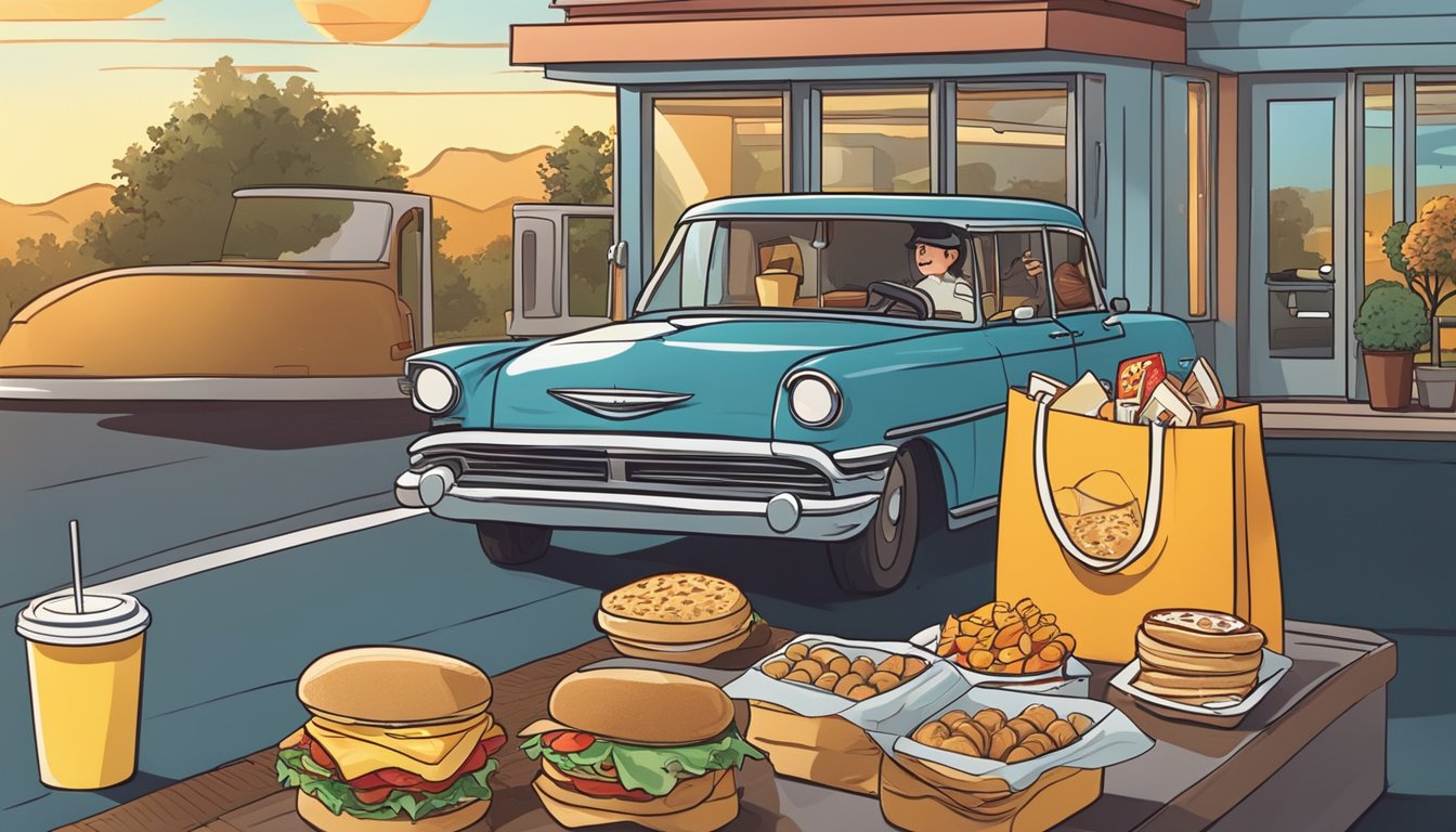 A car at a drive-thru window with a smiling server handing over a bag of breakfast items. The sun is rising in the background, indicating an early morning road trip