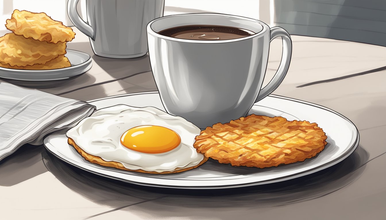 A steaming hot Bacon, Egg & Swiss Biscuit sits on a white plate, surrounded by crispy golden hashbrowns and a cup of hot coffee