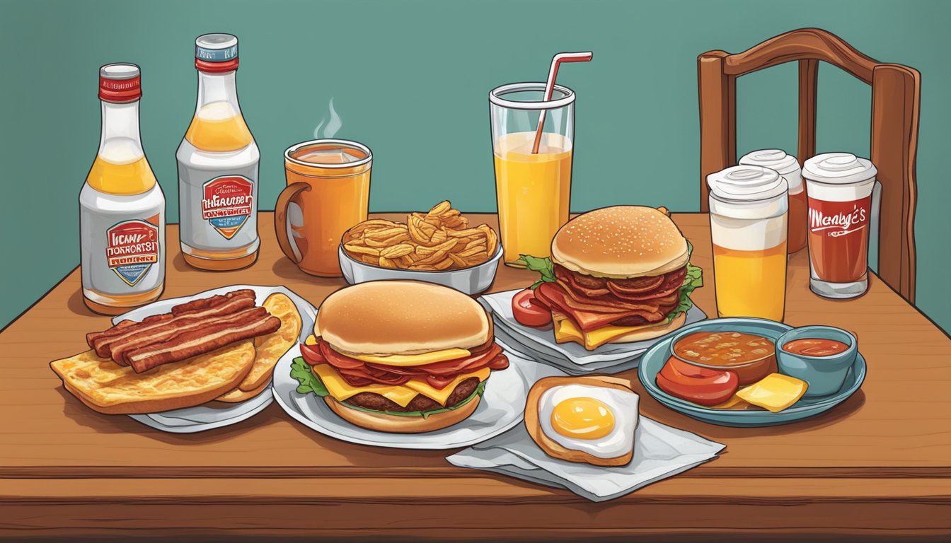 A table set with a Breakfast Baconator and 8 Wendy's breakfast items, perfect for hangovers