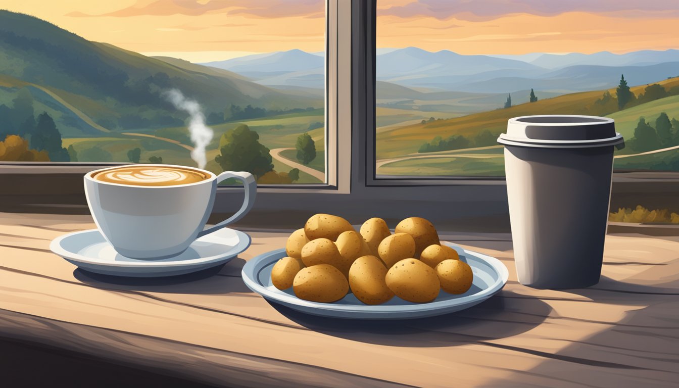 A steaming hot plate of homestyle potatoes sits next to a to-go cup of coffee, framed by a scenic view of a winding road and rolling hills