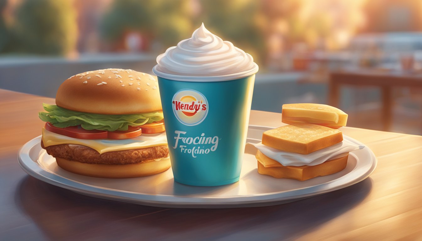 A steaming cup of Wendy's Frostycino sits next to a breakfast sandwich, surrounded by a warm, inviting morning glow