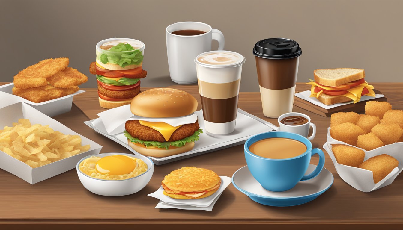 A table with a variety of Wendy's breakfast items, including sandwiches, hash browns, and coffee, arranged in an appetizing display