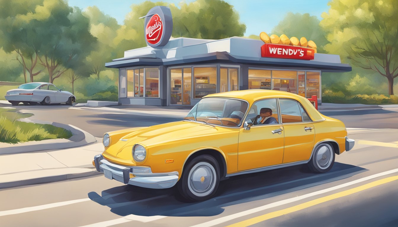 A sunny morning on a winding road, with a car parked at a Wendy's drive-thru window. A breakfast bag and drink sit on the dashboard