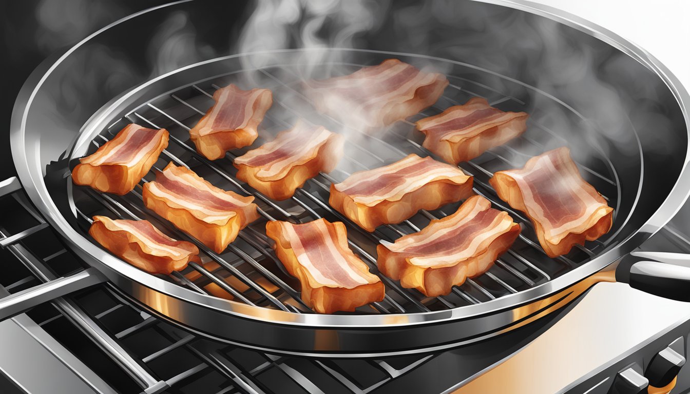 A sizzling pan of Applewood Smoked Bacon with steam rising