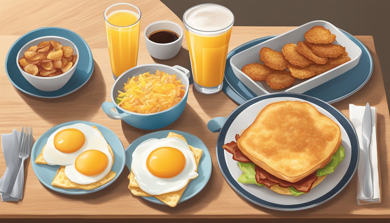 A table with a spread of Wendy's breakfast items: bacon, eggs, hash browns, and a breakfast sandwich, alongside a glass of orange juice and a cup of coffee