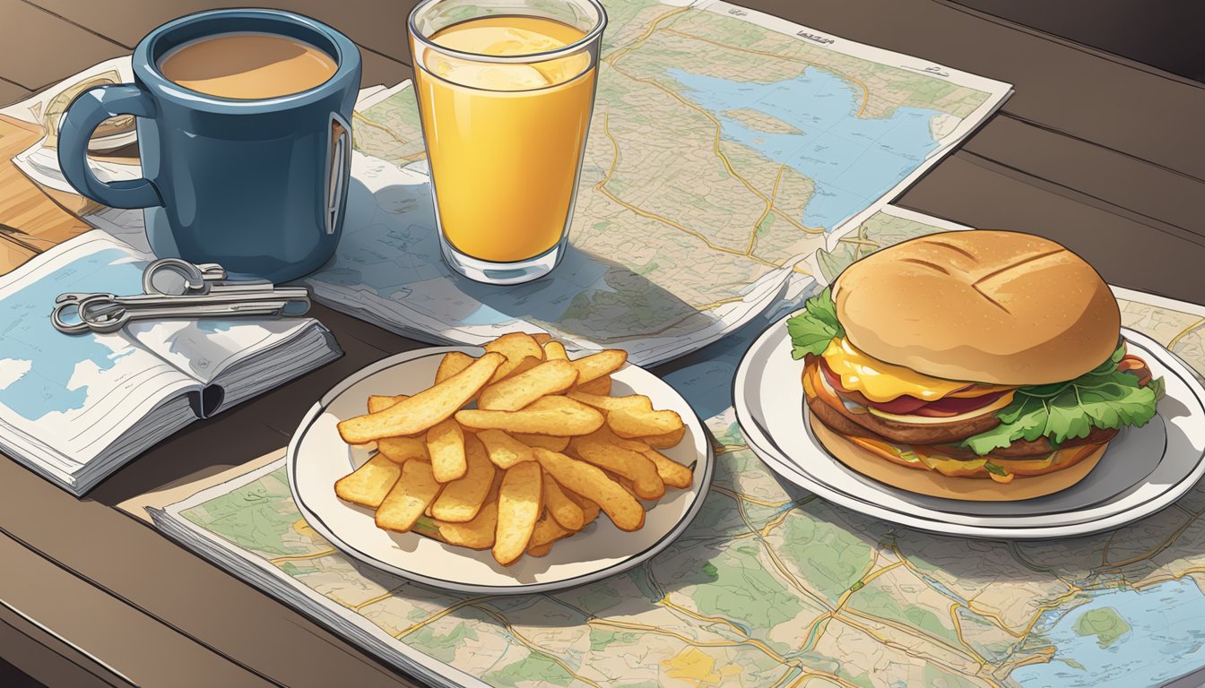 A table with a breakfast combo including a sandwich, hashbrowns, and a drink, with a map and car keys next to it