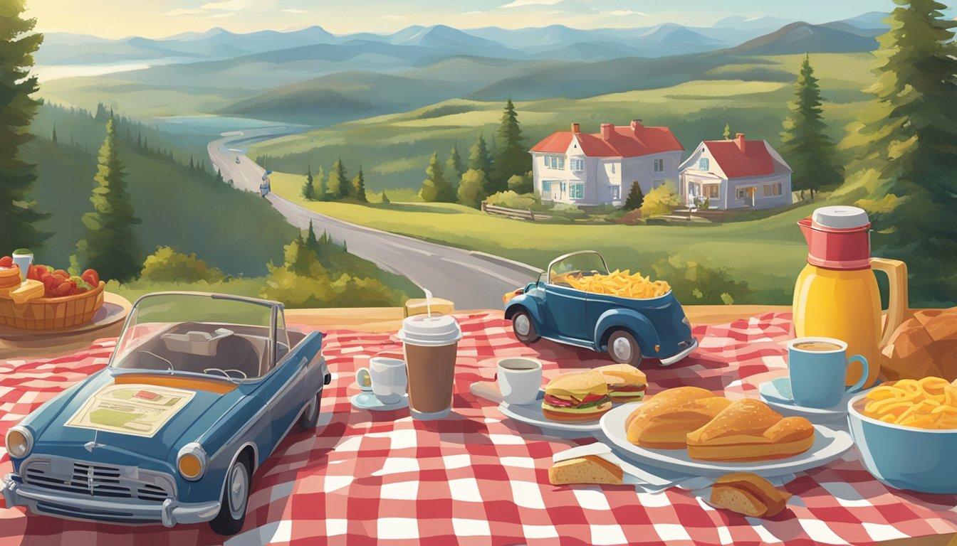 A sunny morning on a winding road, with a car parked at a scenic overlook. A picnic spread of Wendy's breakfast items laid out on a checkered blanket, with a thermos of coffee and a map nearby