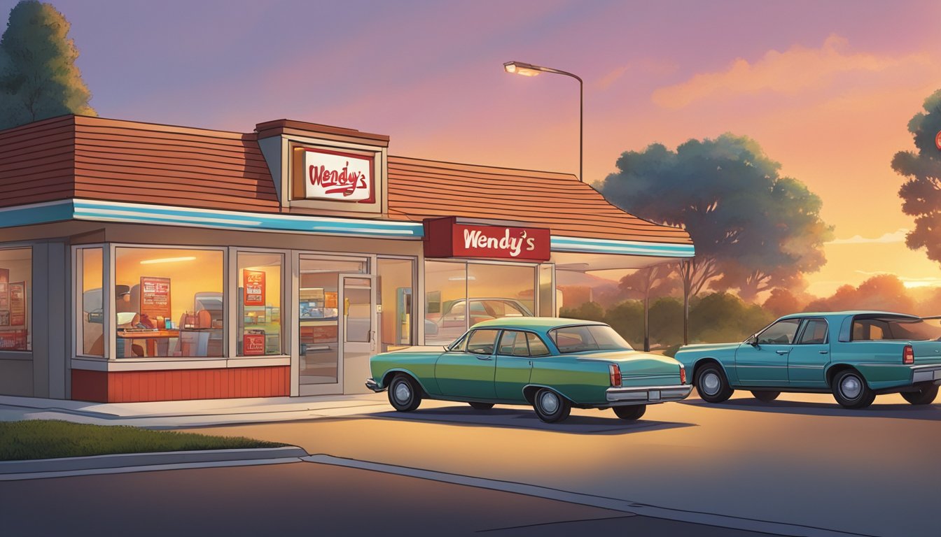 A car parked at a Wendy's drive-thru window, with the driver receiving a bag of breakfast items from the employee. The sun is rising in the background, indicating an early morning road trip