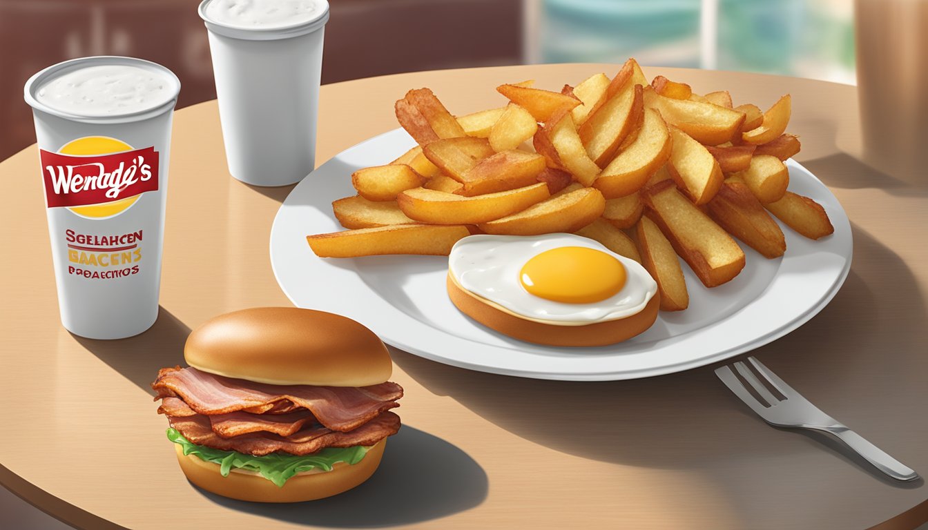 A plate of seasoned potatoes sits next to a breakfast bacon sandwich, with a Wendy's logo in the background