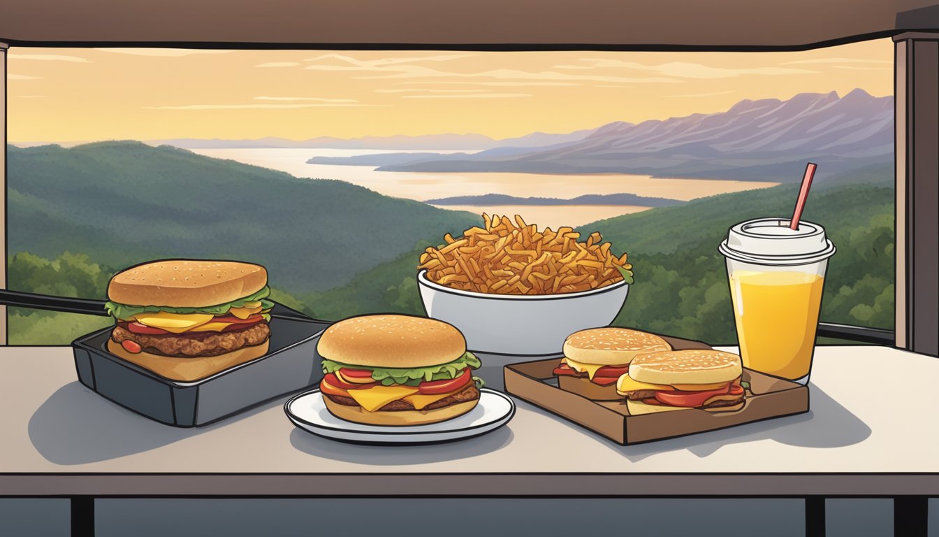 A car parked at a scenic overlook with a table spread with a variety of Wendy's breakfast items, including sandwiches, coffee, and hash browns