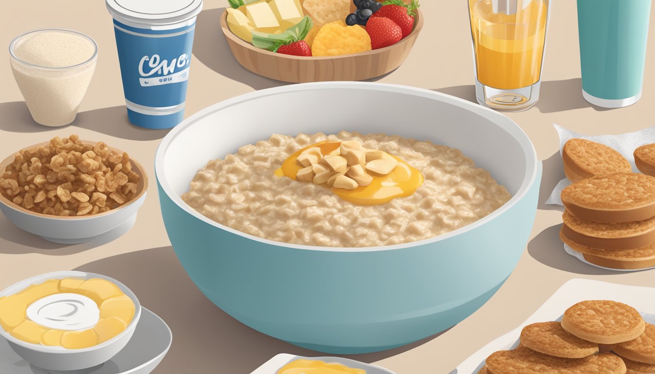 A bowl of plain oatmeal surrounded by 15 Wendy's breakfast menu items under 300 calories