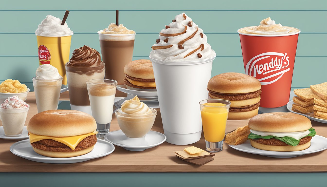 A small vanilla Frosty-ccino sits on a table surrounded by 15 different Wendy's breakfast menu items, all under 300 calories