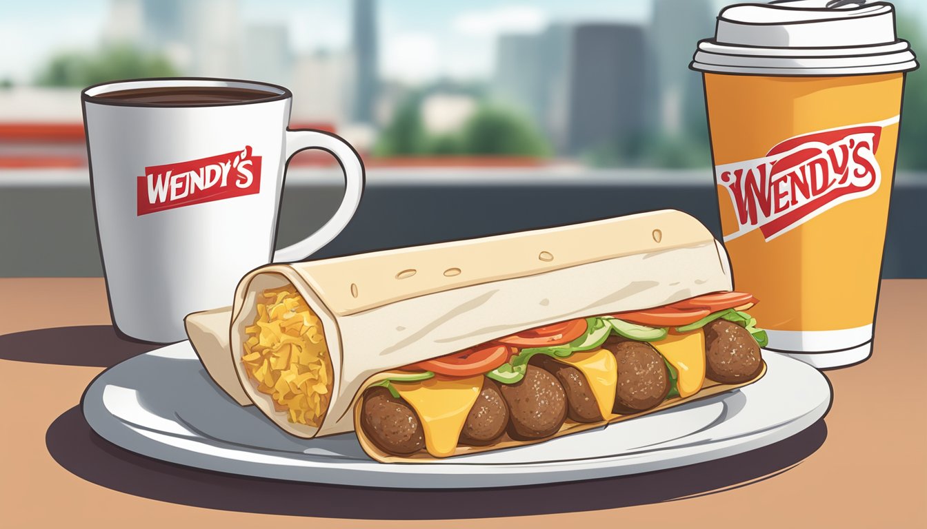 A steaming sausage and egg burrito sits on a white plate next to a cup of coffee, with the Wendy's logo in the background