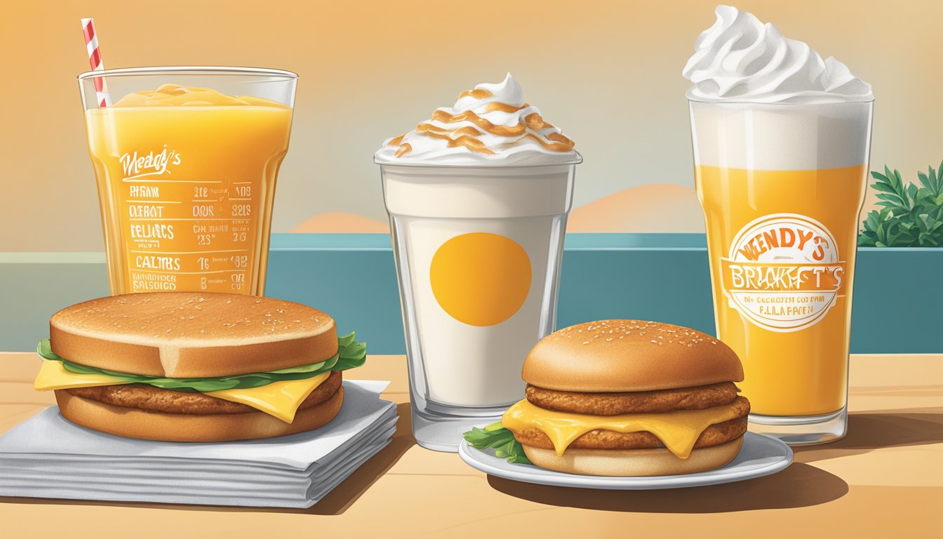 A small glass of orange juice sits beside a display of 15 Wendy's breakfast menu items, all under 300 calories