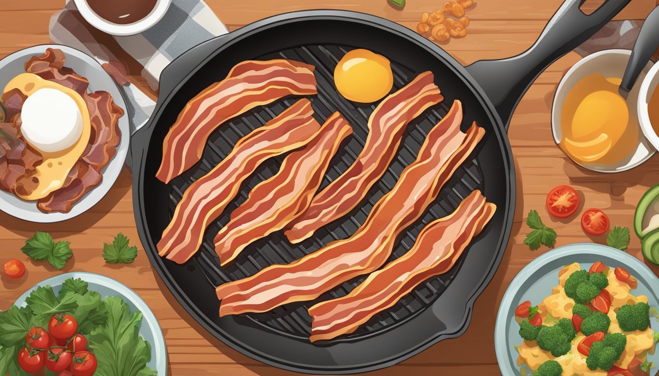 A sizzling strip of bacon frying in a skillet, surrounded by a variety of breakfast ingredients and utensils on a kitchen counter