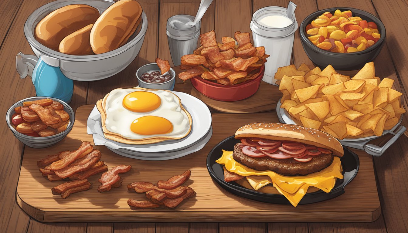 A sizzling Breakfast Baconator surrounded by 5 delectable Wendy's breakfast items on a rustic wooden table