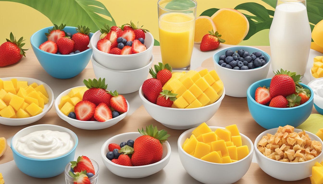 A colorful array of fruit-topped yogurt bowls, with strawberries, mango, and pineapple, displayed next to a Wendy's breakfast menu showcasing 15 items under 300 calories