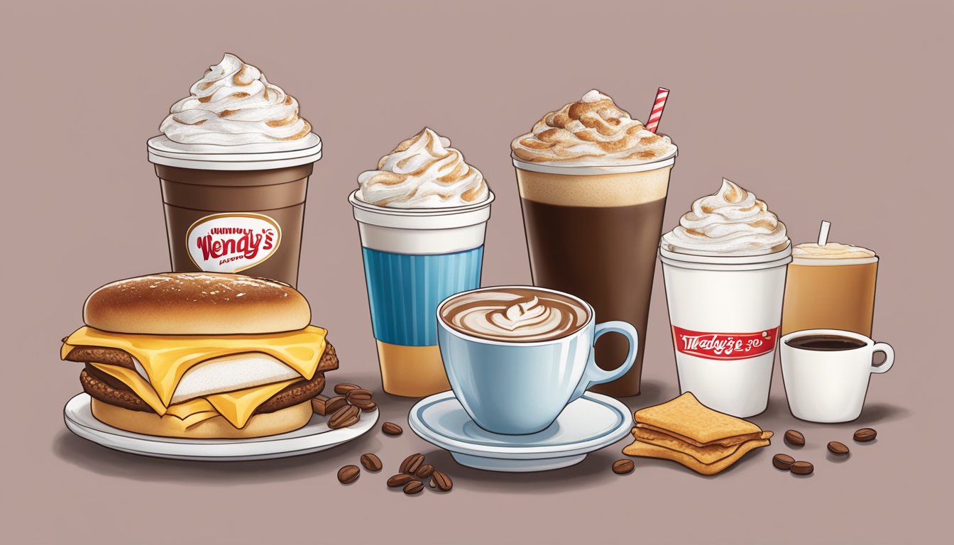 A steaming cup of Frosty-ccino coffee surrounded by five delicious Wendy's breakfast items