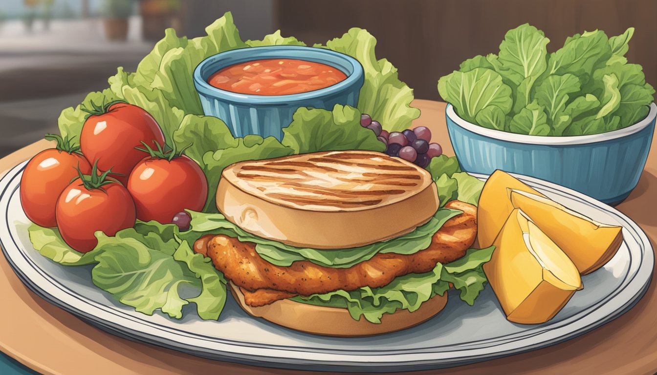 A grilled chicken sandwich sits on a plate next to a pile of fresh lettuce and tomato, with a side of fruit, all under 300 calories