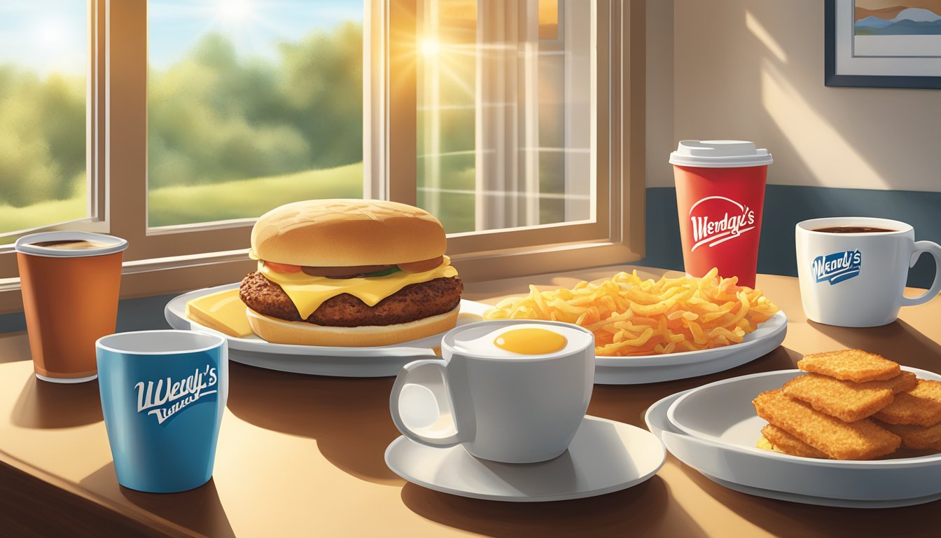 A table set with a variety of Wendy's breakfast items, including a breakfast sandwich, coffee, and hash browns, with the morning sun streaming in through a window