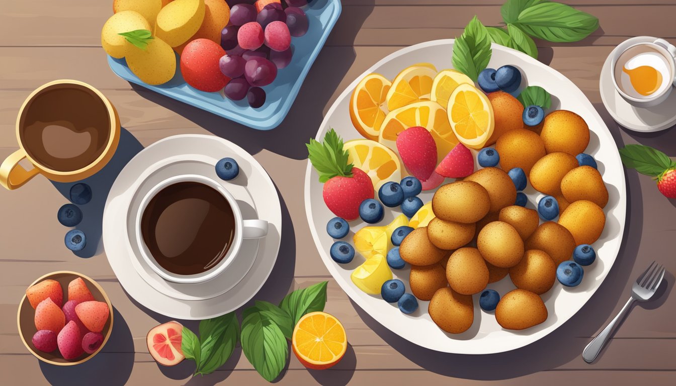 A plate of golden brown roasted breakfast potatoes surrounded by colorful fruits and a cup of hot coffee