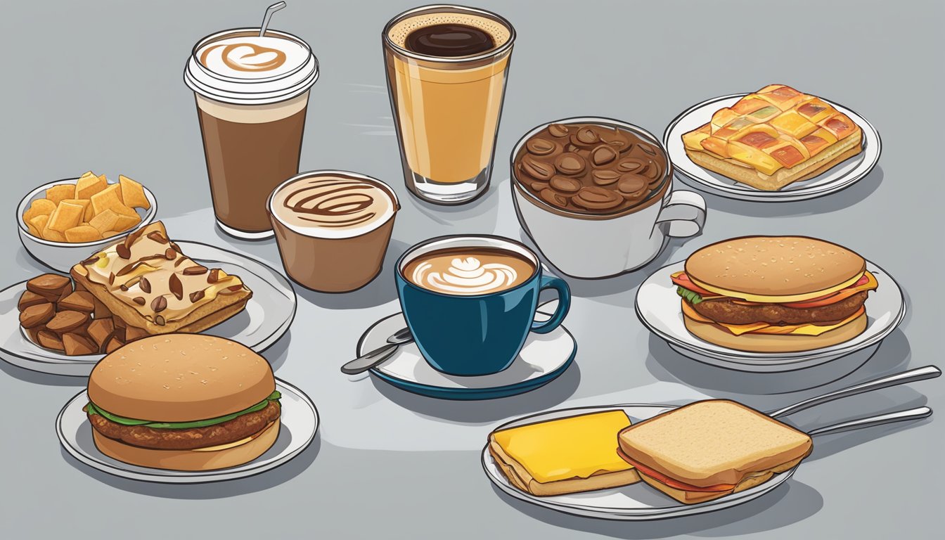 A small coffee sits next to a selection of 15 Wendy's breakfast menu items, all under 300 calories, arranged neatly on a table