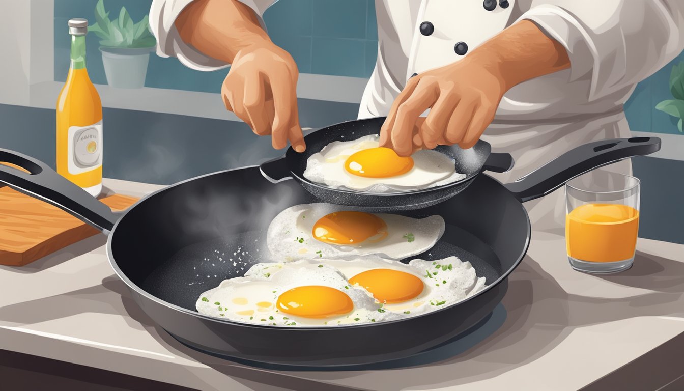 A chef expertly cracks eggs into a sizzling pan, creating a perfect breakfast scene